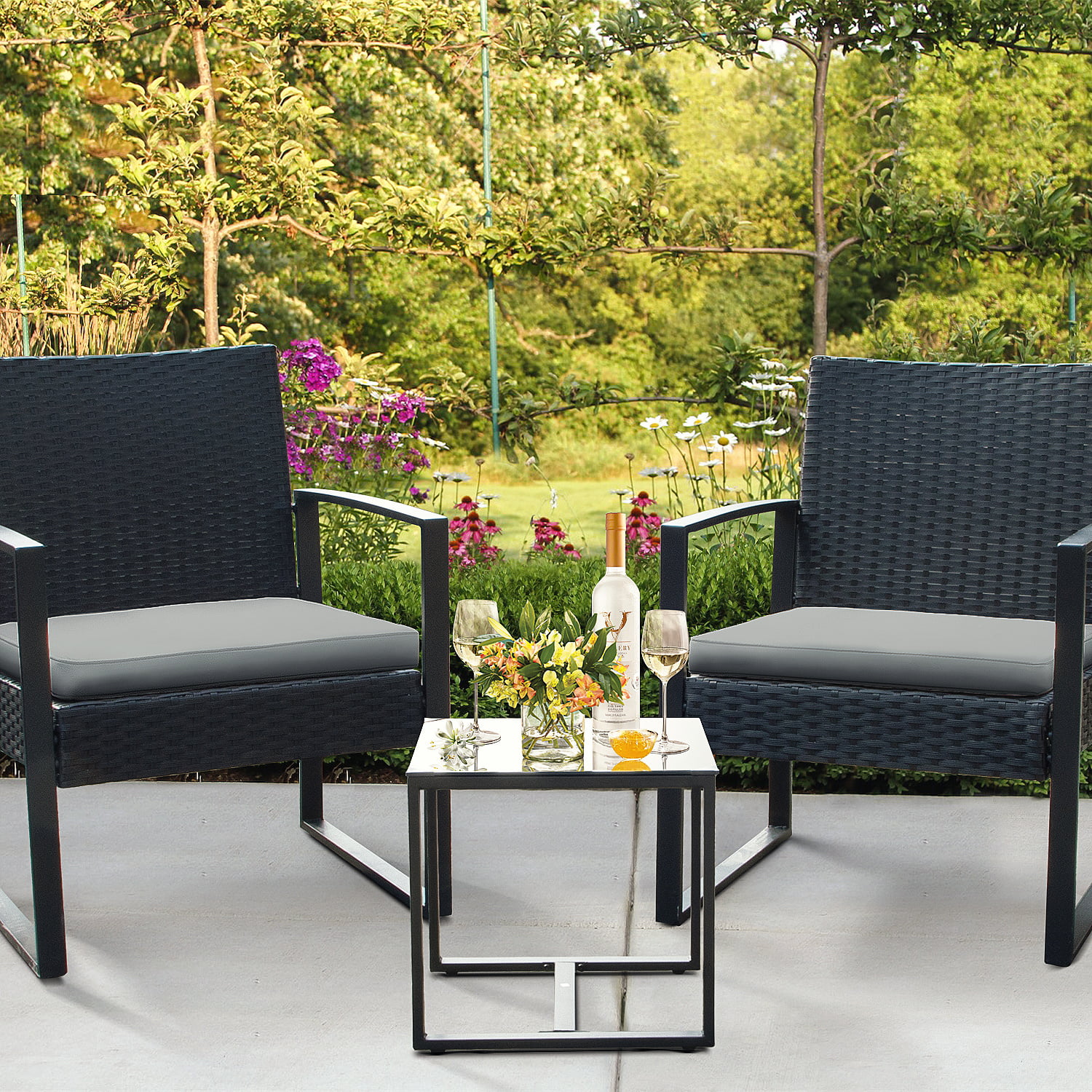 Lacoo 3 Pieces Patio Indoor Conversation Set Cushioned PE Rattan Bistro Chairs Set of 2 with Coffee Table, Black/Grey
