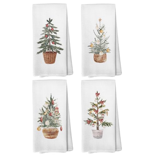 Winter Christmas Tree Kitchen Towels, Vintage Christmas Tree Decor, Farmhouse Green Xmas Tree Holiday Hand Dish Tea Towels for Bathroom Kitchen, 16x24 Inch Set of 4