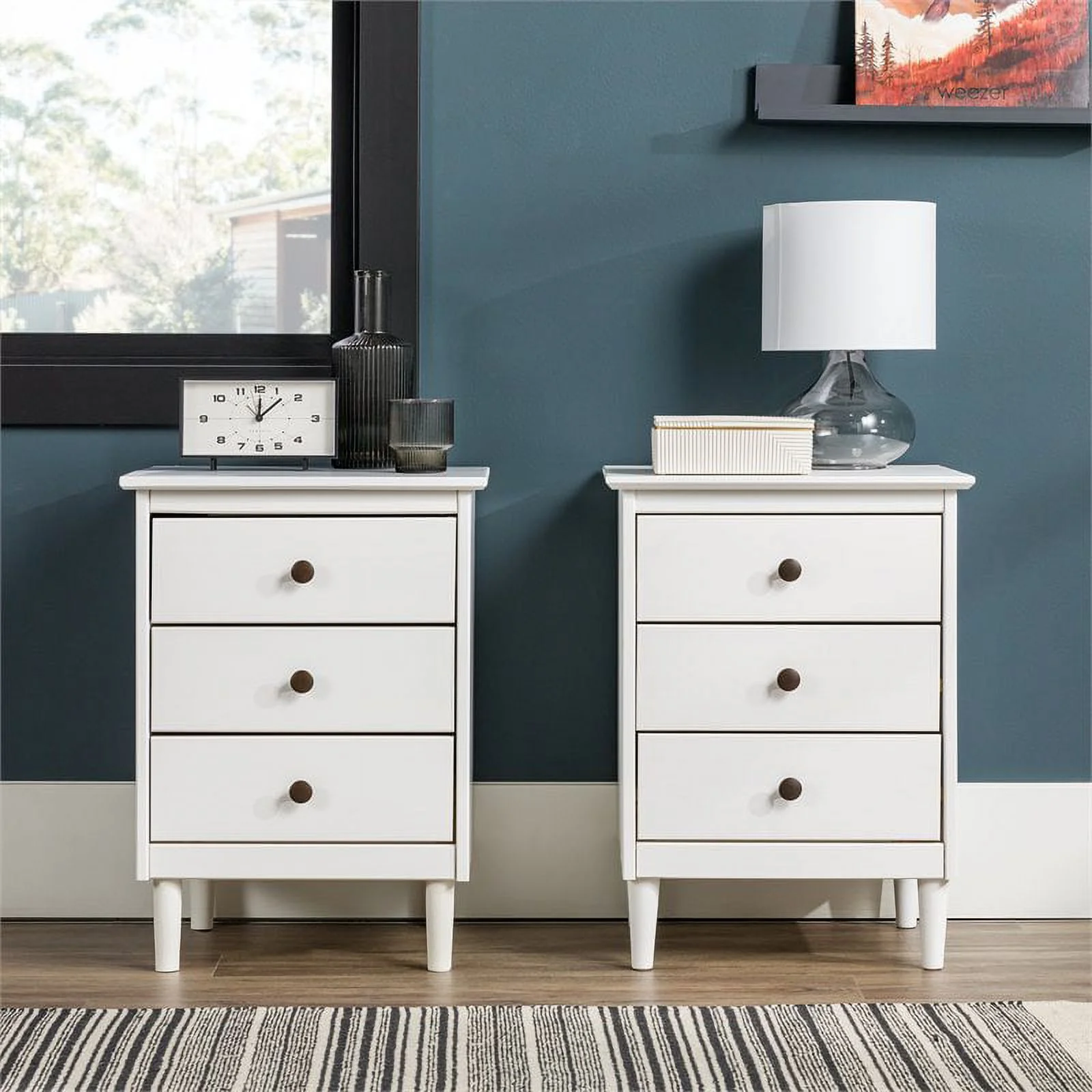 Pemberly Row Mid-Century Solid Wood Bedroom Nightstand in White (Set of 2)