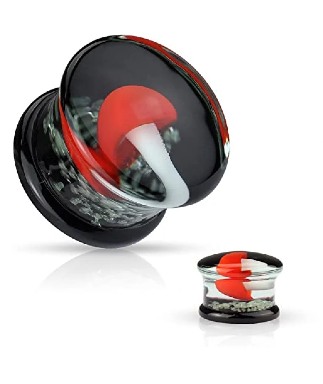 Glass Pyrex with Black back with Red and White Mushroom on Glow in the Dark Sparkles Double Flare Plugs
