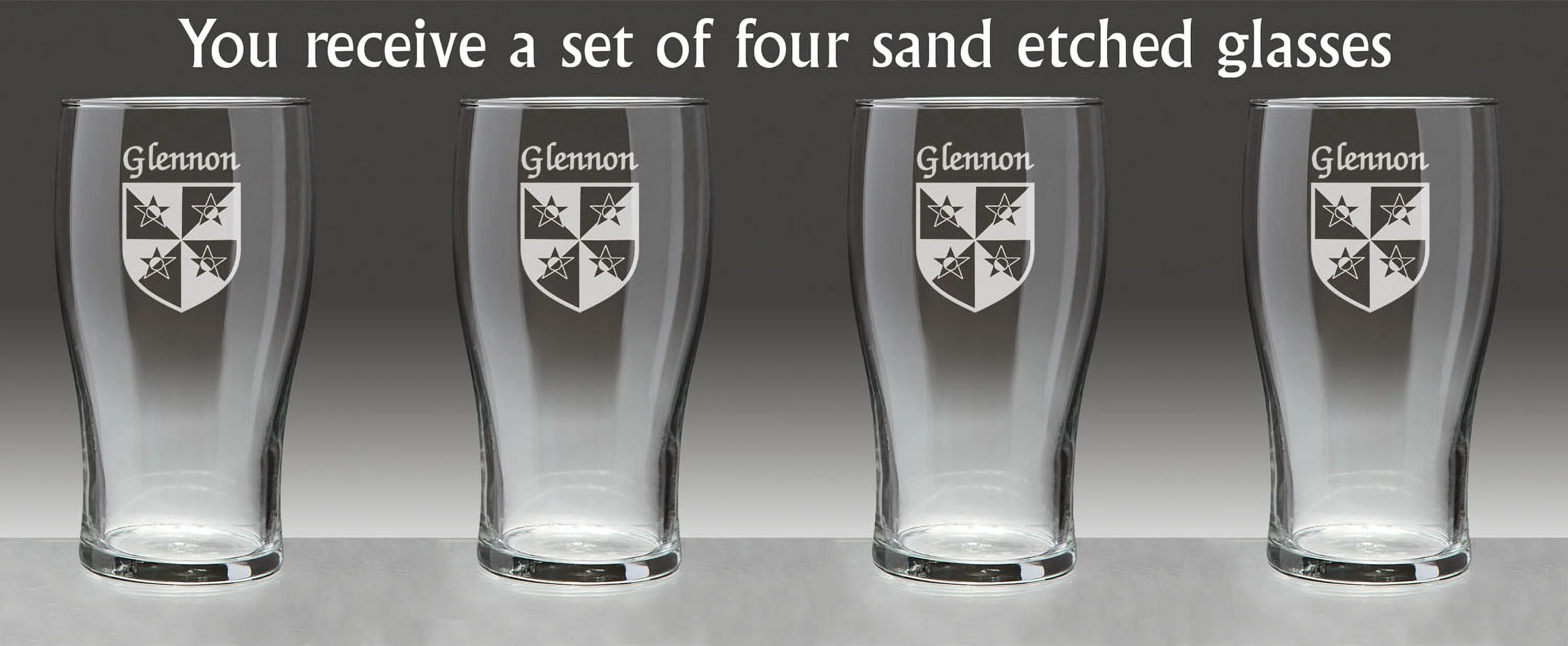 Glennon Irish Coat of Arms Tavern Glasses - Set of 4 (Sand Etched)