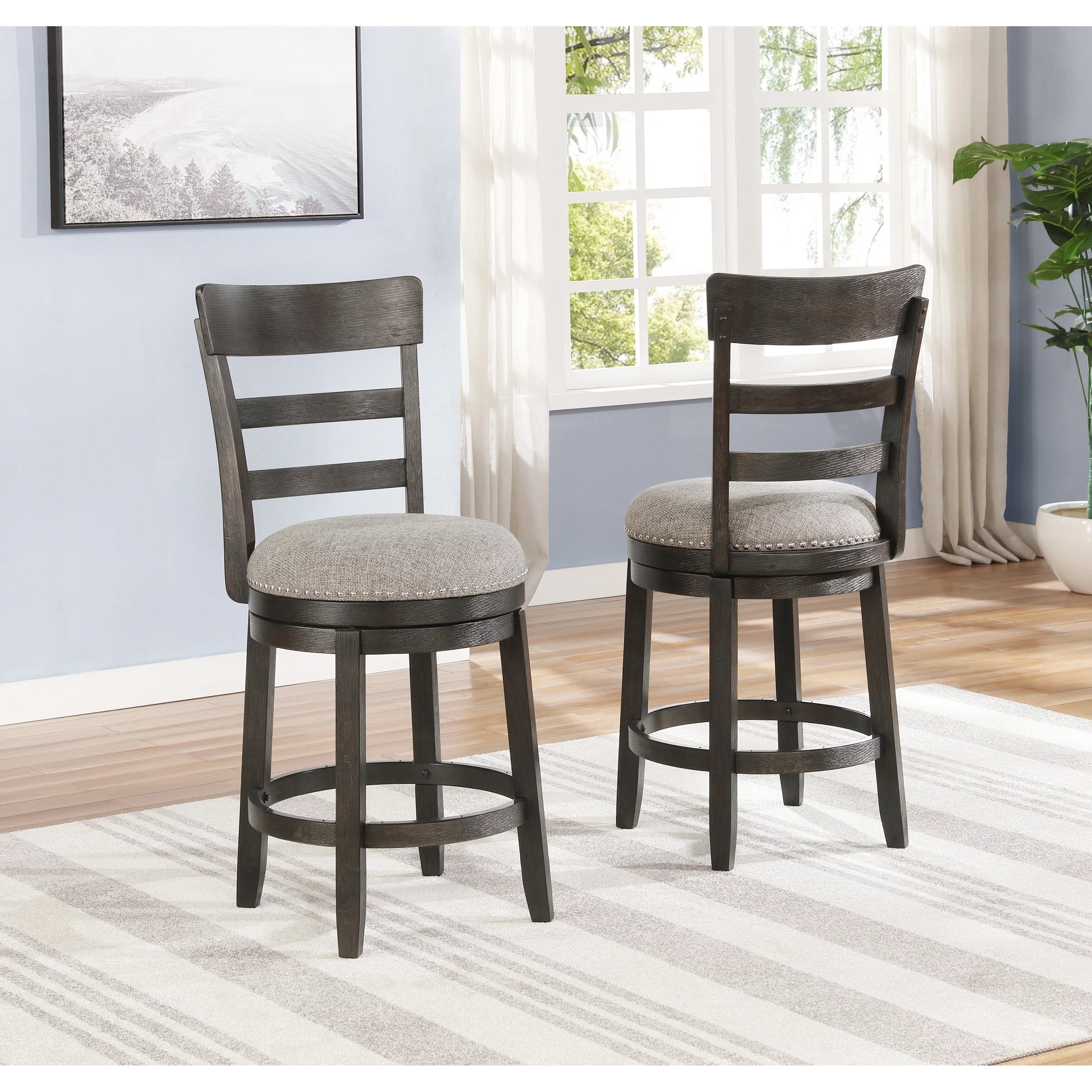 Roundhill Furniture Kessel Brown Brushed Wood Swivel Counter Height Stools, Set of 2 - N/A