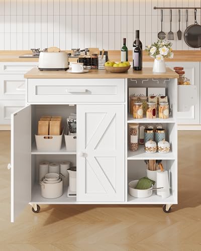 Kitchen Island Trolley with Power Outlet, Spice Rack, Rolling Storage Cart with Drawer, Versatile Island Table with Cabinet, for Dining Room, Black and Rustic Brown MZD02UBFC1