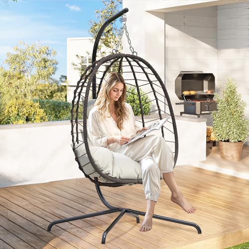 Hanging Egg Chair with Stand, Swinging Egg Chair Outdoor Indoor, Hanging Basket Chair with Cushion, Patio Wicker Hammock Chair 350lbs Capacity for Bedroom, Balcony, Backyard, Garden (Beige)