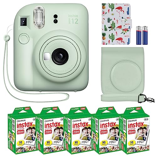 Fujifilm Instax Mini 12 Instant Camera + MiniMate Accessory Bundle & Compatible Custom Case + Fuji Instax Film Value Pack (50 Sheets) Flamingo Designer Photo Album (Clay White)