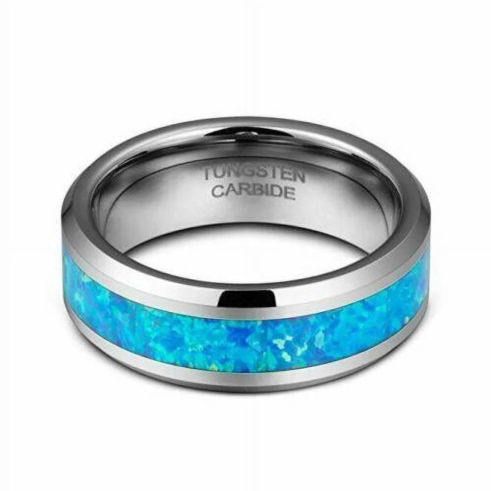 Tungsten Rings for Men Wedding Bands for Him Womens Wedding Bands for Her 8mm Hawaiian Opal Blue Inlay