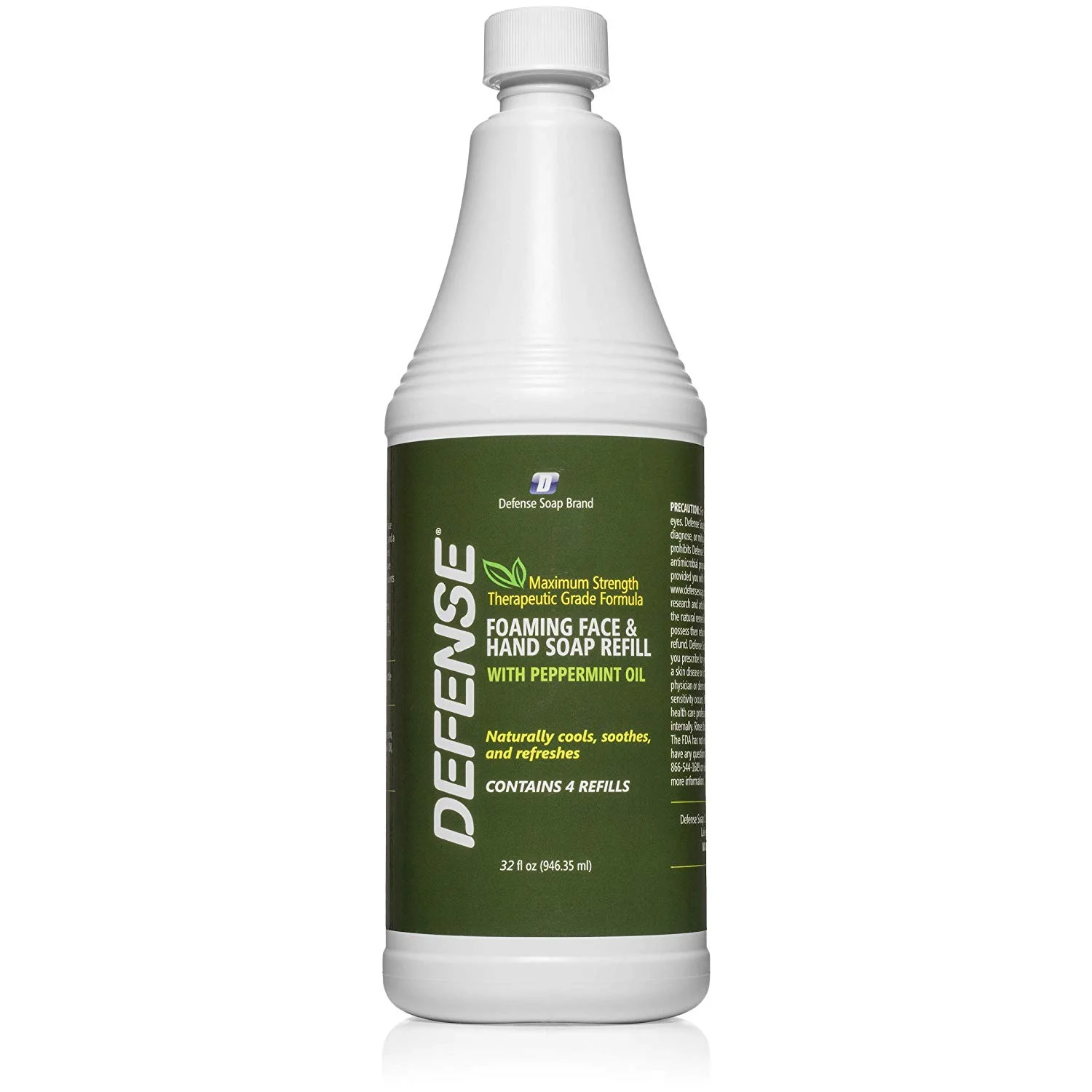 Defense Liquid Foaming Face & Hand Soap Peppermint 32 Fl Oz Refill with Tea Tree, Eucalyptus, Jojoba, Aloe Vera, Olive & Coconut Oils