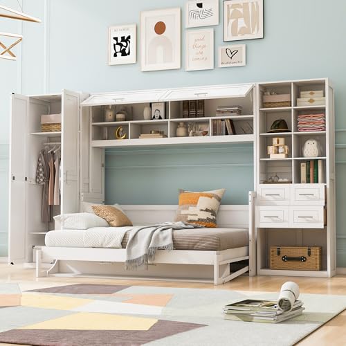 Merax Murphy Bed Queen with Wardrobe, Queen Size Wall Murphy Bed with 5 Drawers and Storage Shelves, No Box Spring Needed, Gray