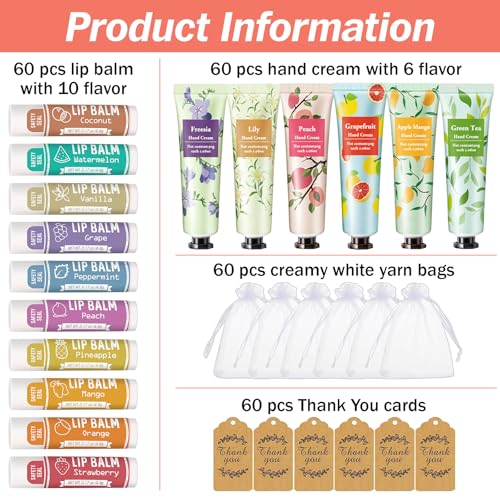 AZEN 60 Sets Hand Cream and Lip Balm Set with Organza Bag Thank You Card, Baby Shower Wedding Gifts for Guests, Bridal Souvenirs for Colleagues Employee Coworkers, Party Favor for Female Friends
