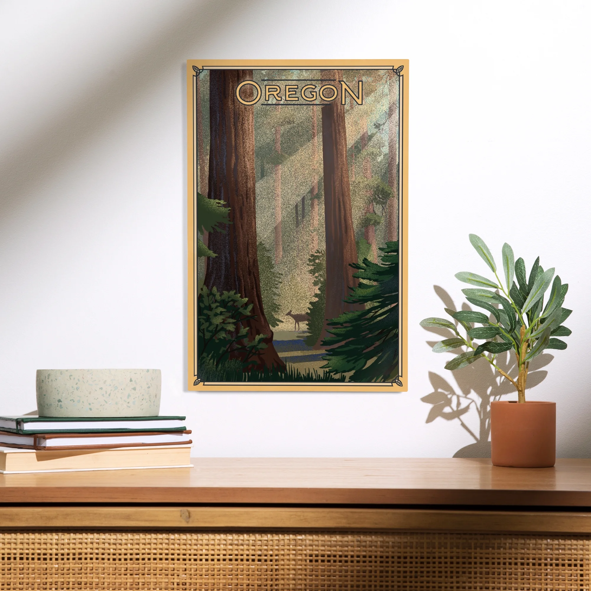 Oregon, Deer in Forest, Lithograph Birch Wood Wall Sign (12x18 Rustic Home Decor, Ready to Hang Art)