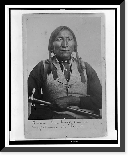 Historic Framed Print, [Lone Wolf, a Kiowa chief, half-length portrait, seated, facing front, holding tomahawk], 17-7/8
