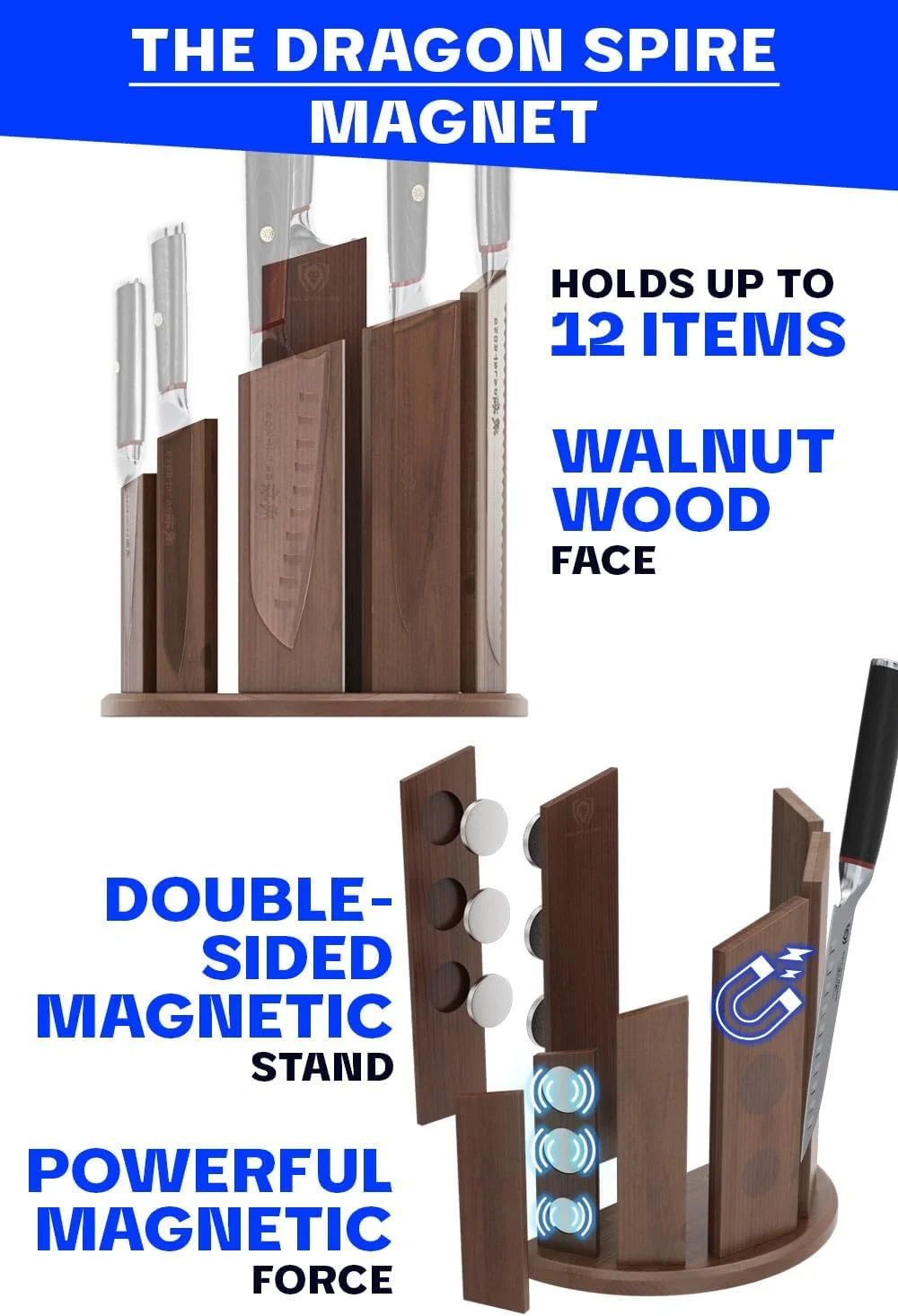 Magnetic Knife Block - Holds 12 Piece - 'Dragon Spire' - Double-Sided Walnut Block Holder and Stand - Display Stand - Kitchen Set - Cooking Set
