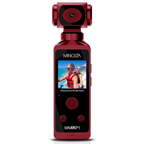 Minolta 4K Ultra HD Pocket Camcorder – WiFi Enabled Action Camera with 16MP Photos, 170° Wide Angle Lens, 270° Rotating Head, Slow Motion, 1.3-inch Display - 16GB Card & Waterproof Case (Red)