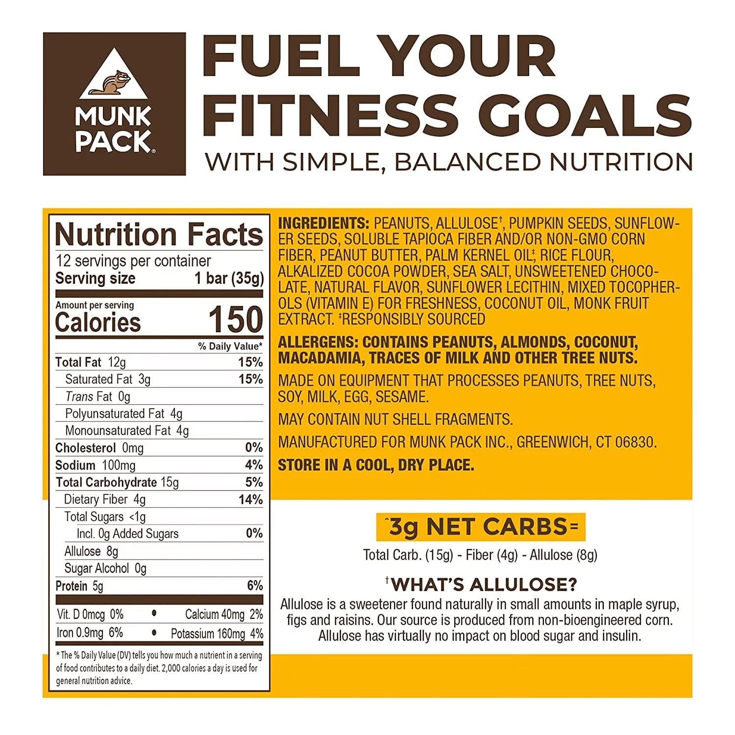 Nut & Seed Bar Peanut Butter Dark Chocolate | Munk Pack Low Carb Keto & Plant Based Snacks | Nutritious & Gluten Free | No Added Sugar, Erythritol Free Snack And Breakfast Bars | 12 Bars