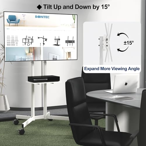 BONTEC Mobile TV Stand, Tilt Rolling TV Floor Stand with Locking Wheels for 32-85” LED, LCD, OLED Flat&Curved TVs, Height Adjustable with Laptop Shelf, Holds Up to 132lbs Max VESA 600x400mm, Black