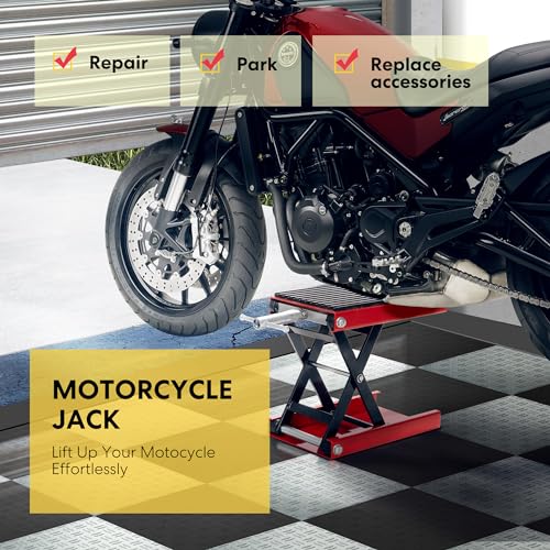 VIVOHOME Motorcycle Lift Scissor Jack 1200LBS Steel Wide Deck Upgraded Rubber Pad Hoist Crank Center Stand for Motorcycles, ATVs, Dirt Bikes Red