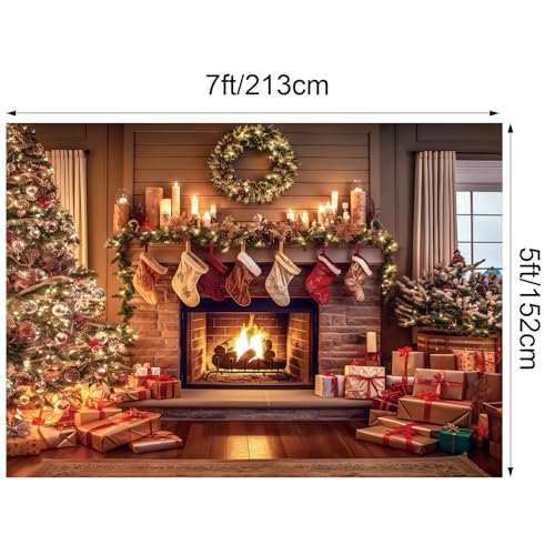VitalCozy Christmas Fireplace Backdrop Christmas Xmas Tree Stocking Polyester Background Decoration for Photo Studio Props(Colorful,10 x 8 ft)