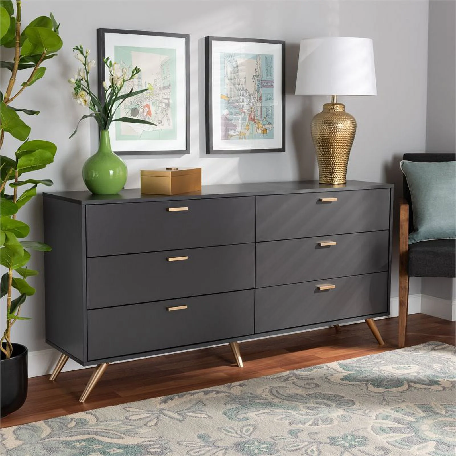 Bowery Hill Dark Grey and Gold Finished Wood 6-Drawer Dresser