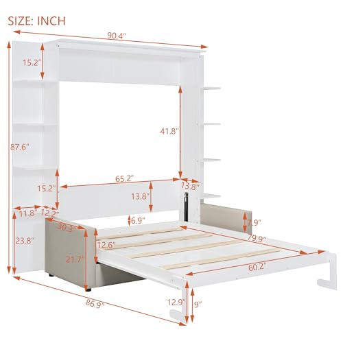 P PURLOVE Queen Size Murphy Bed with Sofa, Wall Bed with Wood Slat Support, Space-Saving Folding, No Box Spring Needed, Easy Assembly, Gray