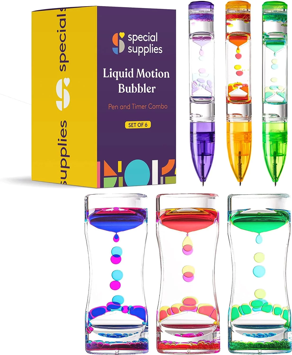 Special Supplies Liquid Motion Bubbler Toy Timer and Pen Combo (Set of 6) Colorful Hourglass Timer with Droplet Movement, Bedroom, Kitchen, Bathroom Sensory Play, Cool Home or Desk Décor