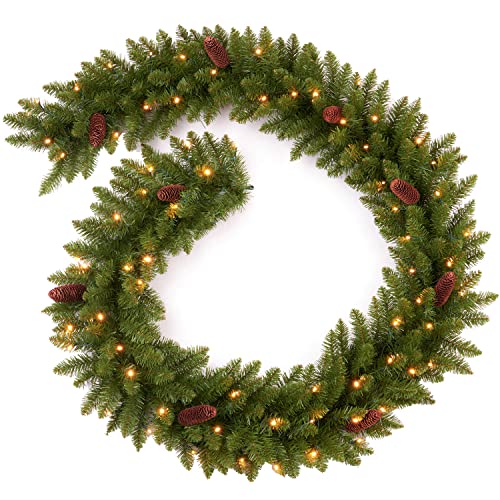 Christmas Garland Pre-lit 9 Ft with 50 Led Lights, Battery Operated Fireplace Stairs Mantle Door Indoor Outdoor, Decorated Pine Cone and Snow Style