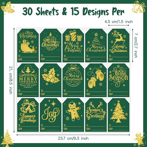 Haooryx Christmas Gift Tag Stickers - 450Pcs Adhesive Winter Christmas Name Labels Foil Snowflake Sticker Xmas to and from Sticker for Festival Holiday Gift Package Decor Supply(Gold White,30Sheet)