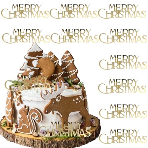 10Pcs Christmas Cake Toppers - Acrylic Mirror Merry Christmas Cake Engraved Toppers for Xmas Party Dessert DIY Decor (Gold Silver)