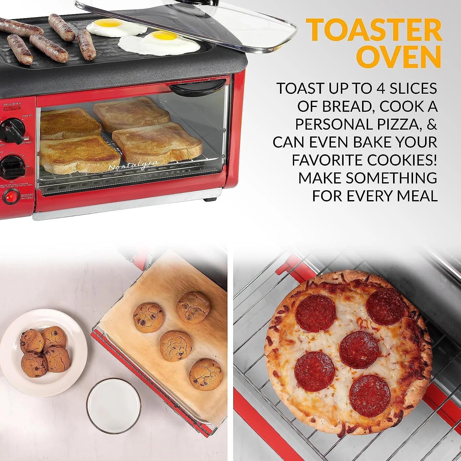 Nostalgia 3-in-1 Breakfast Station - Includes Coffee Maker, Non-Stick Griddle, and 4-Slice Toaster Oven - Versatile Breakfast Maker with Timer - Red