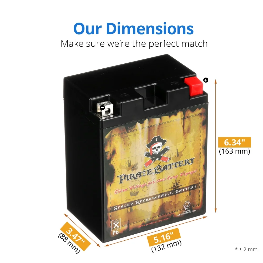 Pirate Battery YTX14AHL-BS (14AHL-BS 12 Volt,12 Ah, 210 CCA) Motorcycle Battery for Kawasaki 500cc Ex500-d Ninja 500r 2000