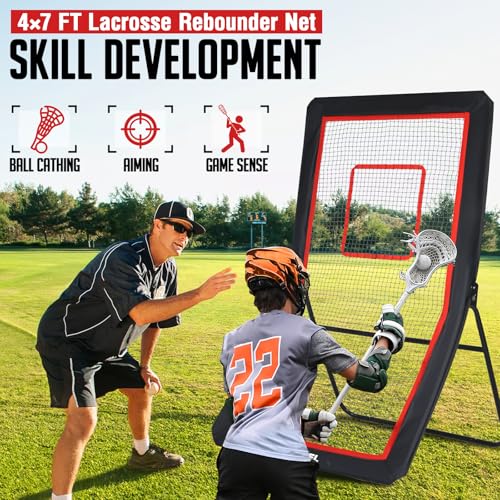 Lacrosse Rebounder, 4x7FT/4x6FT Lacrosse Rebound for Backyard with 5 Rebound Angles, Target Strip, Bounce Back Net Perfect for Lax Baseball Volleyball & Soccer Practice