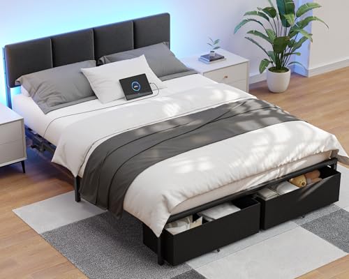 Furnulem Queen Bed Frame with Headboard and Storage Drawer, Platform Bed Frame Queen Size, Upholstered Bedframe with Charging Station and LED Lights, No Spring Box Needed, Adjustable Backrest