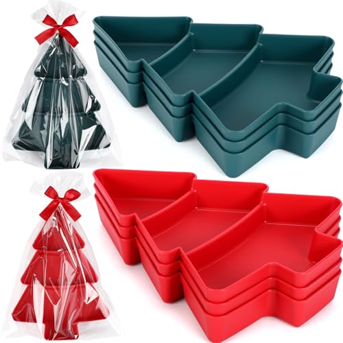 6 Pcs Christmas Tree Shape Serving Tray Platter, 10 x 7.2 x 1.18 in Red and Green Plastic 3 Grids Dishes with Bag and Ribbon, Candy Snack Desserts Fruit Cookie Plate for Xmas Party Decoration