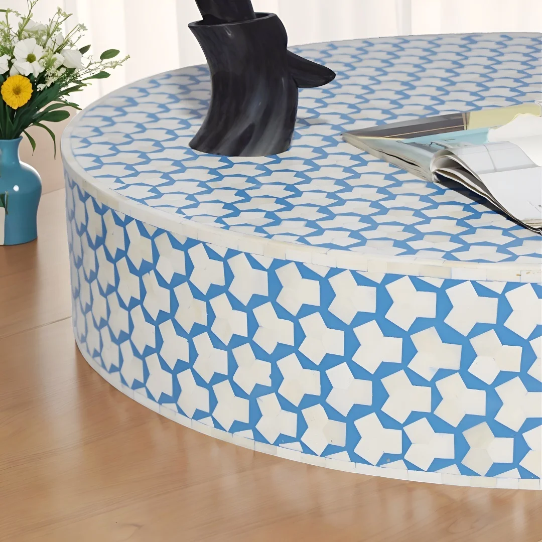 Round Coffee Table in Sky Blue, featuring a sleek Brass Base