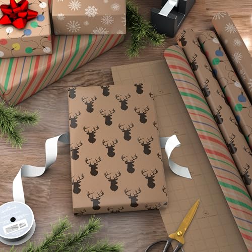 Hallmark Christmas Wrapping Paper Bundle with Cut Lines on Reverse, Kraft (Pack of 4, 88 sq. ft. ttl) Red Trucks, Snowflakes, Stripes, Merry Christmas (5JXW1038)