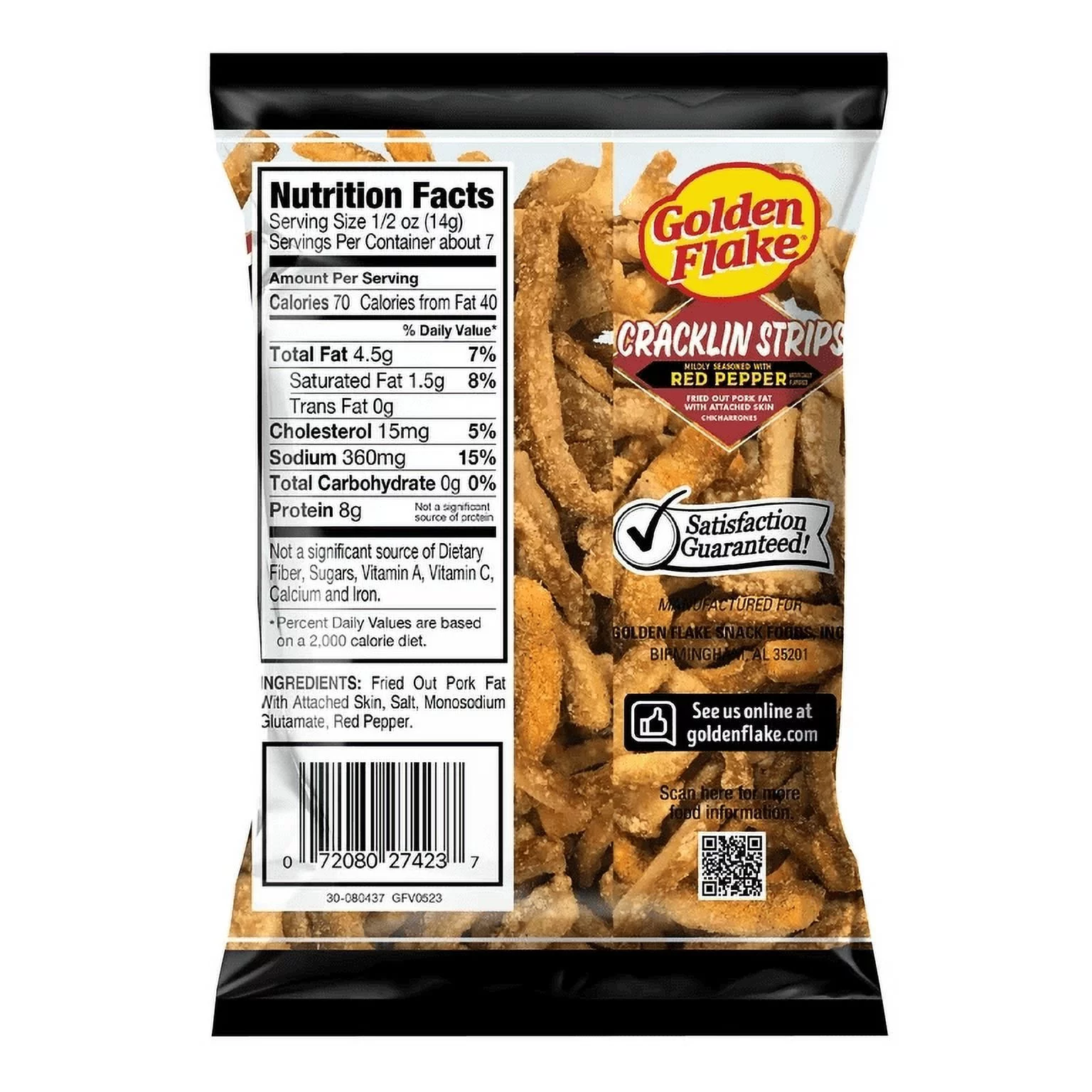 Golden Flake Fried Pork Cracklin Strips Mildly Seasoned with Red Pepper- 3.5 oz. Bags (3 Bags)