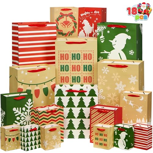 JOYIN 18 PCS Christmas Bags Assorted Sizes Kraft Treat Candy Bags (Small 5.5” Medium 9” Large 13”) for Xmas Party Favors Decoration, Holiday Present Wrapping, Thanksgiving Gift Decor