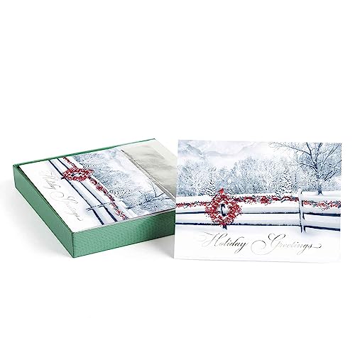 Masterpiece Holiday Greetings Trimmed In Scarlet Christmas Cards / 16 Boxed Snowy Cardinal Wreath Holiday Cards With Silver Foil Lined Envelopes / 5 5/8