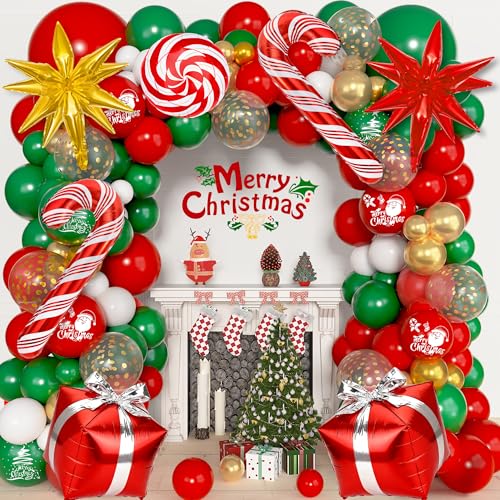 Ouddy Life Christmas Balloon Garland Arch Kit, 174 pcs Red Green White Metallic Gold Balloons Candy Cane Gift Box Star Foil Balloons for Christmas Party Decorations Xmas Baby Shower New Year Decor