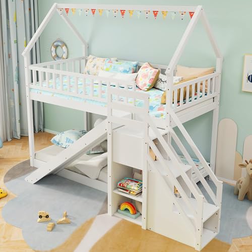 KOMFOTT Wood Twin Over Twin Bunk Bed with Slide & Staircase, Twin House Bunk Bed with Safety Guardrails & Storage, Floor House Bed with Wooden Slat Support for Boys Girls, No Box Spring Needed (White)