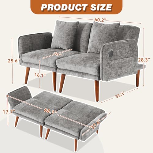 60.2in Loveseat Modern Sofa with Chenille Fabric for Living Room Bedroom Office 20in Deapth(Grey, 2 Seat)