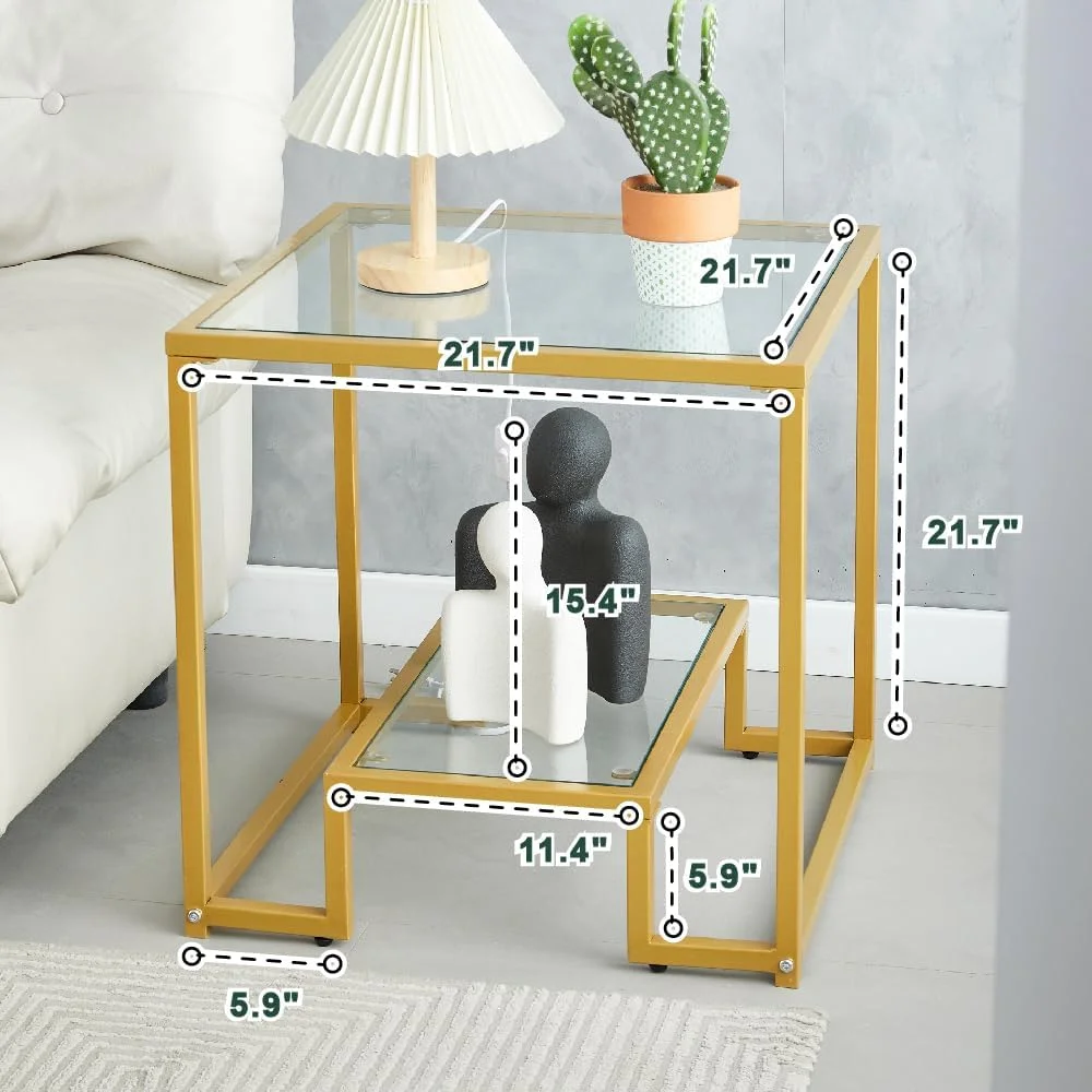 Black Metal Glass Coffee Table - Simple End Table for Living Room Home, Minimalist Metal Style Coffee Table with 2 Shelves, 21 inch Small Modern Side Table for Bedroom, Dinning Room,Office