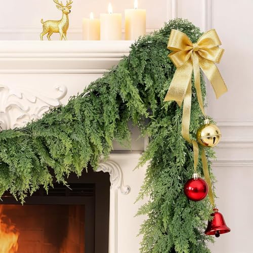 Christmas Garland Real Touch Cedar Garland Christmas Decorations 9 ft Soft and Lush Realistic Faux Pine Garlands for Mantle, Table, Stairs, Doorframe, Fireplace Indoor Outdoor Holiday Decorations