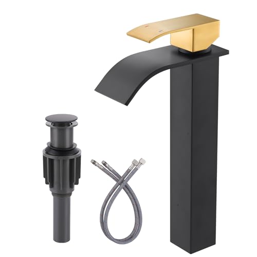 Vessel Sink Faucet Black and Gold: ARCORA Single Hole Tall Waterfall Bathroom Faucet, Single Handle Lavatory Vanity Tap with Pop Up Drain and cUPC Supply Lines
