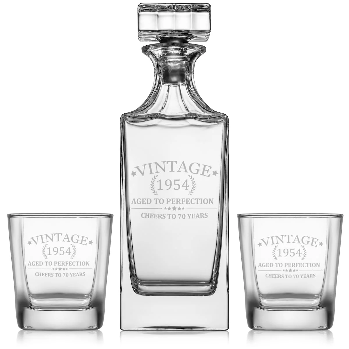 Whiskey Decanter Gift Set With 2 Whiskey Old Fashioned Rocks Glasses Cheers To 70 Years Vintage 1954 70th Birthday