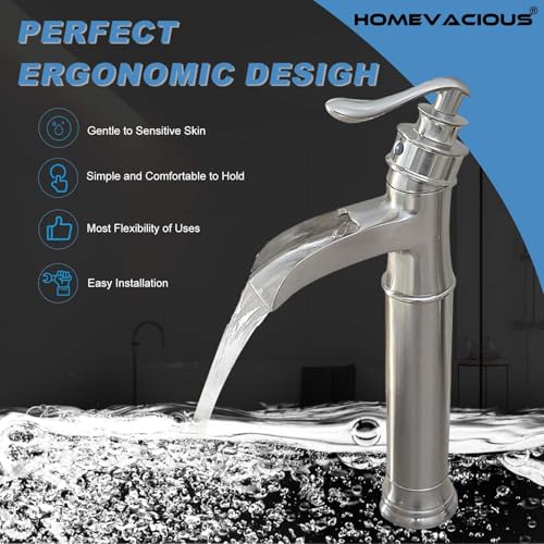 Homevacious Vessel Sink Faucet Tall Bathroom Faucets Waterfall Brushed Nickel Brass Single Handle 1 Hole with Pop Up Drain and Supply Line Farmhouse Lavatory Vanity