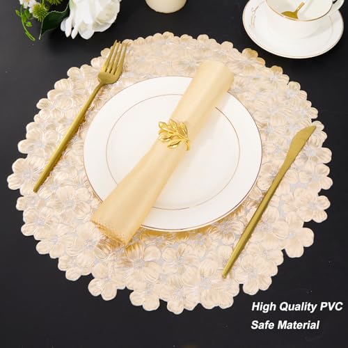 Leaf Gold Placemats Bulk Pressed Vinyl Place mats Washable and Wipeable Round Placemats Set of 6 Hollow Out Non-Slip Metallic Decorative Table Mats for Dining Table Kitchen Decor