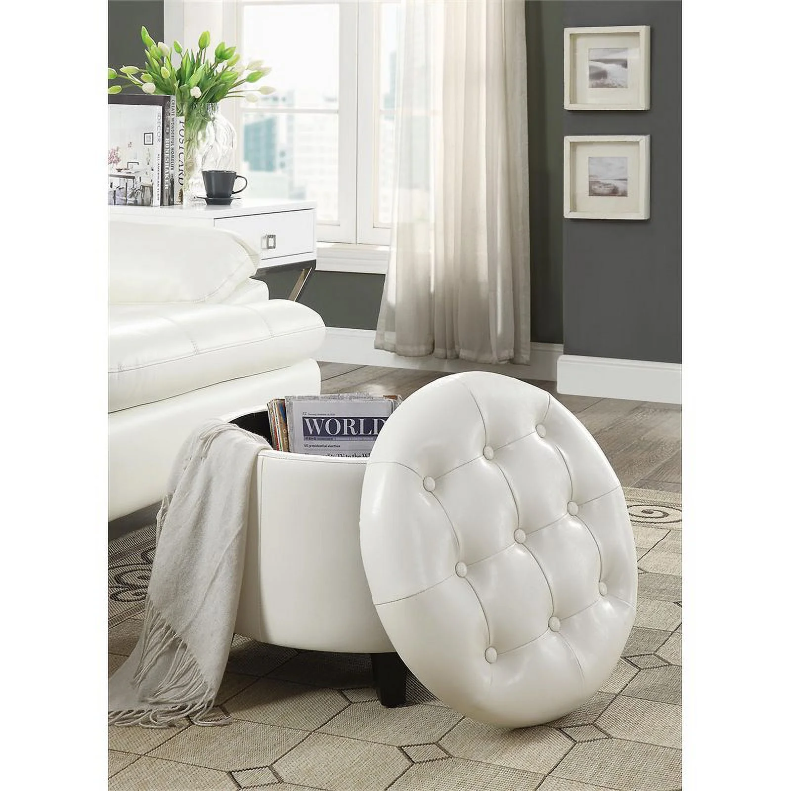 Pemberly Row Modern Round Ottoman in Ivory Faux Leather Fabric
