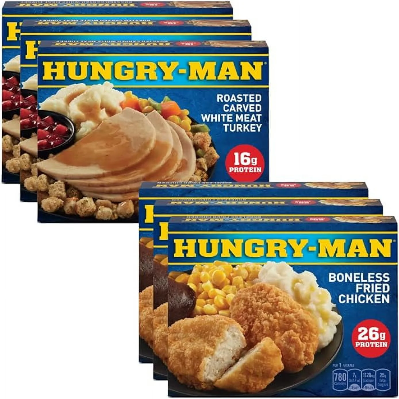 Hungry Man Roasted Carved Turkey Dinner 16 oz - Pack of 3, Hungry Man Boneless Fried Chicken Frozen Dinner, 16 oz - Pack of 3 Blue