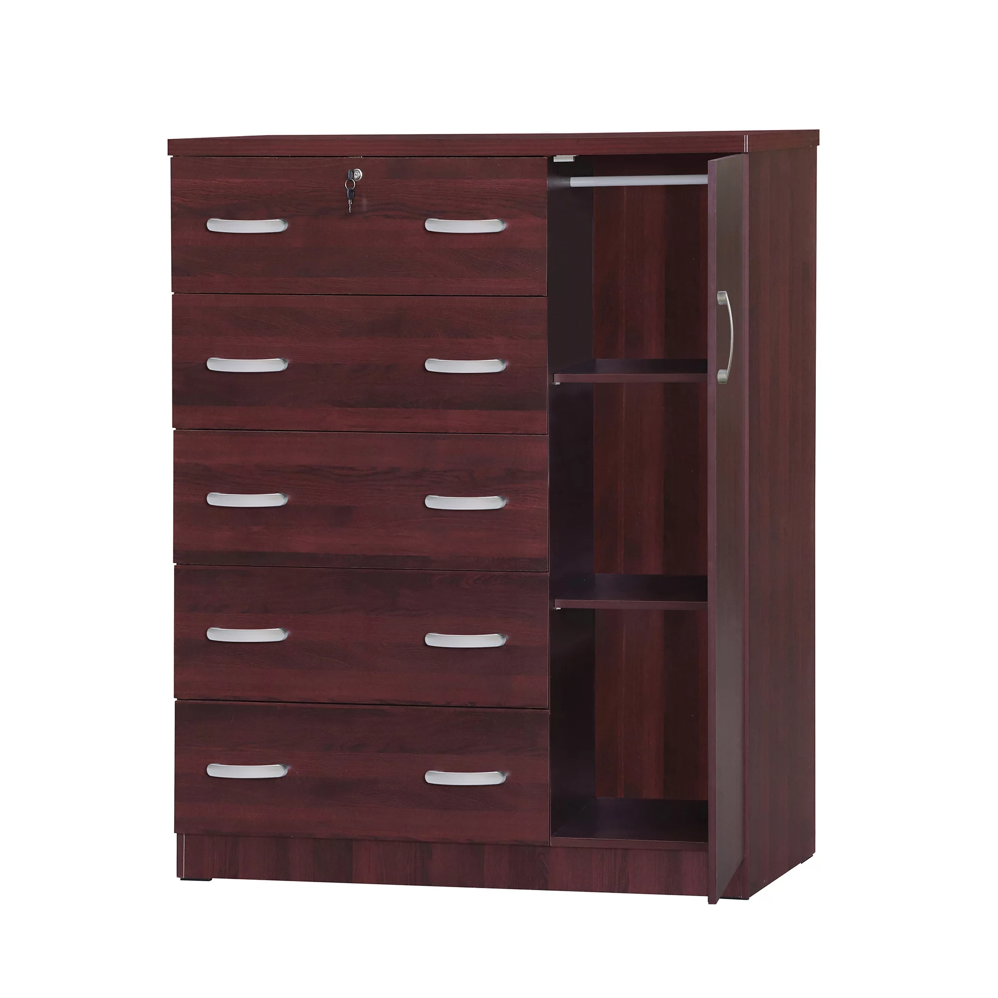 Better Home Products JCF Sofie 5 Drawer Wooden Tall Chest Wardrobe in Mahogany