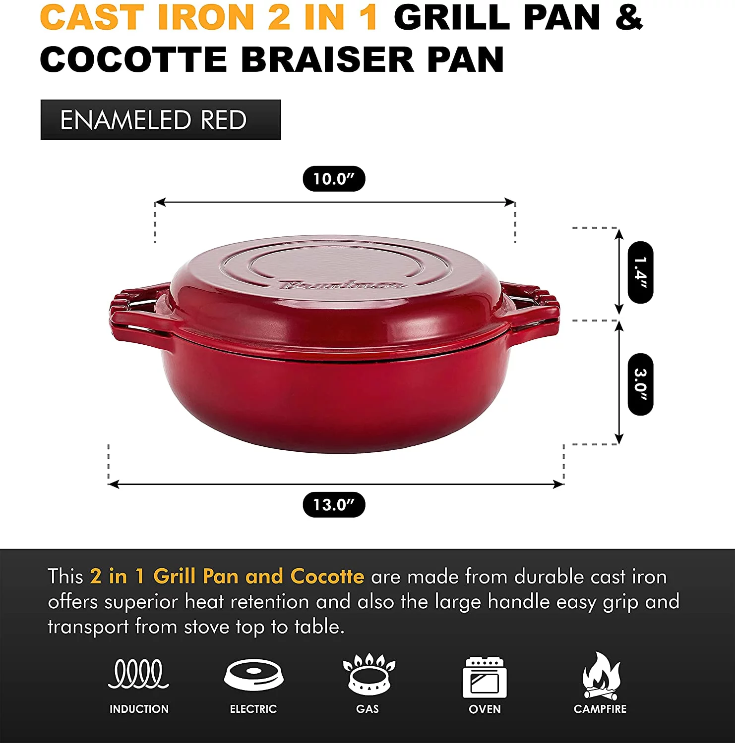 Bruntmor | 2-In-1 Enameled Cast Iron Cocotte Double Braiser Pan With Grill Lid